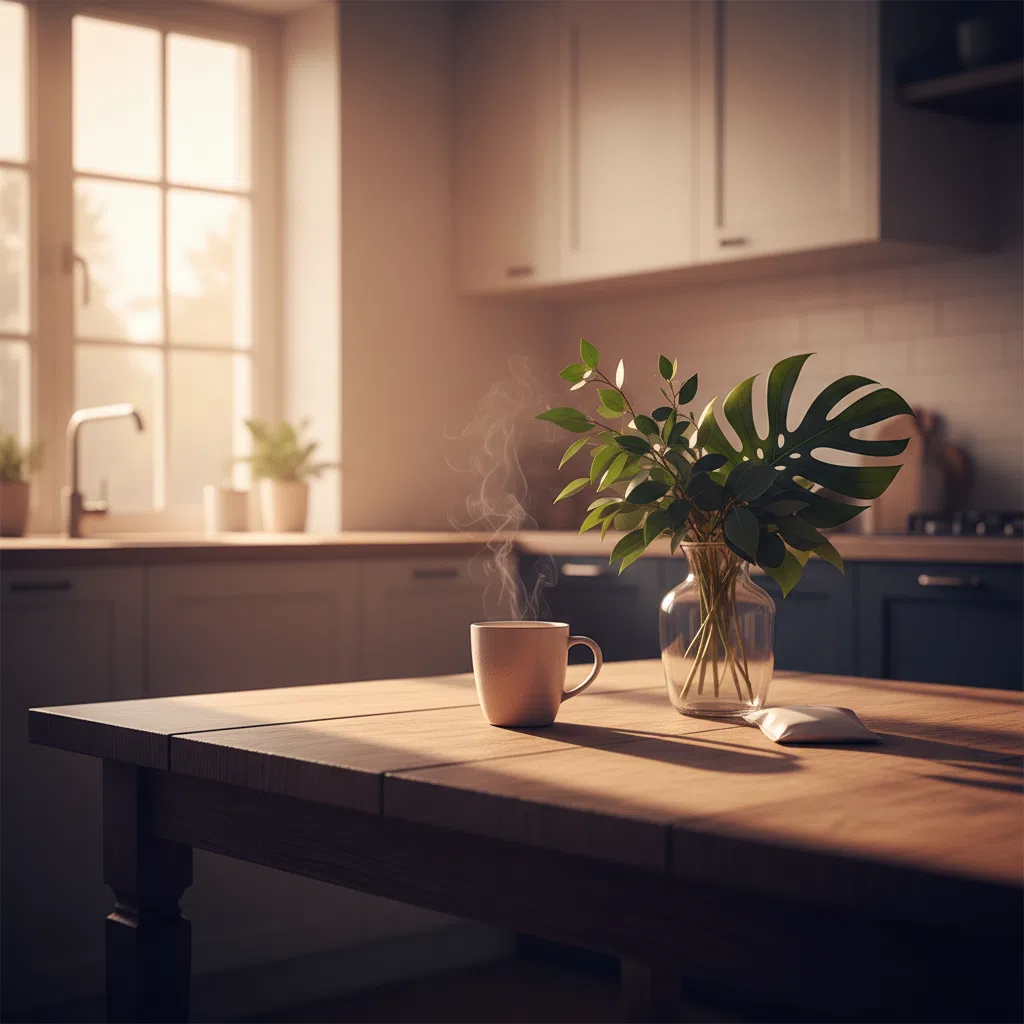 Early morning kitchen scene with botanical coffee ingredients and warm light