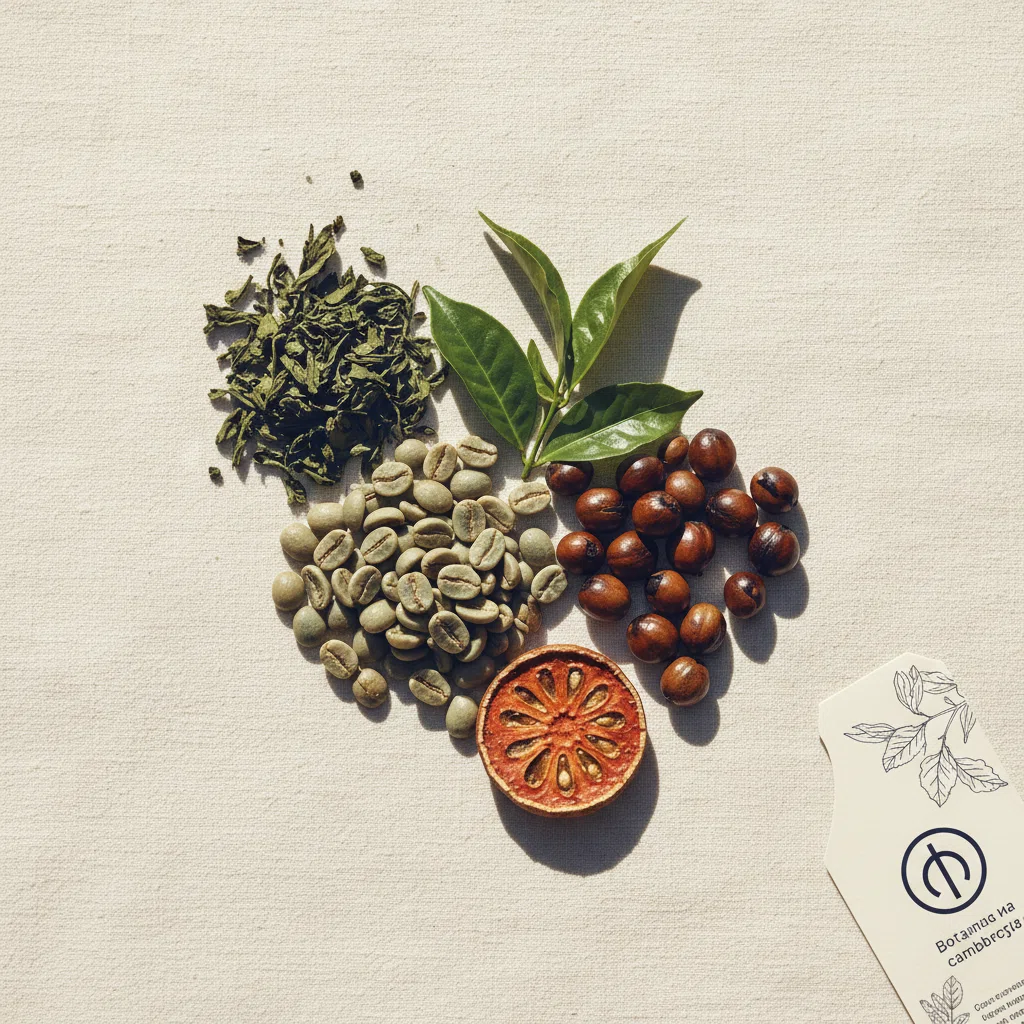 Flat-lay of green coffee beans, green tea leaves, guaraná seeds and garcinia cambogia on linen - botanical supplement ingredients