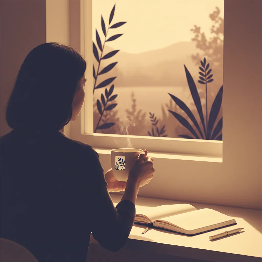 Person at a bright desk with a morning coffee mug, viewed from behind - daily wellness routine