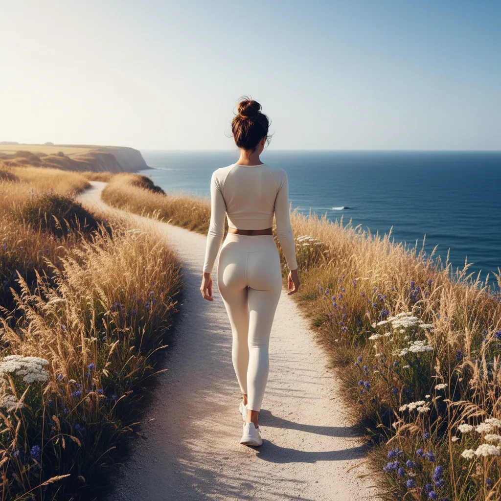 Anonymous woman walking on a coastal path in activewear, viewed from behind - positive active lifestyle