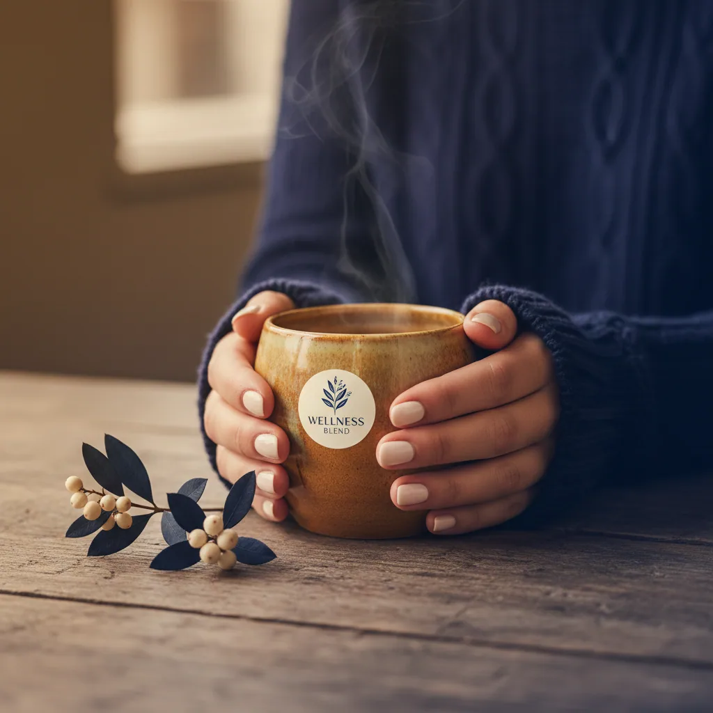 Close-up of hands holding a warm coffee mug at a café table with botanical garnish