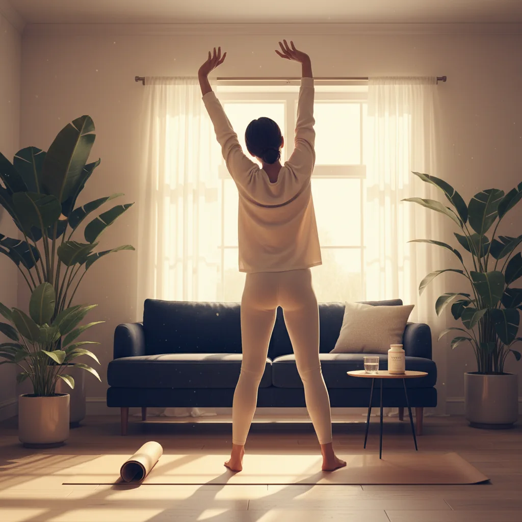Anonymous person stretching in a sunlit living room - active morning lifestyle
